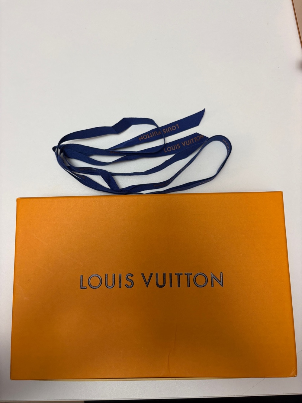 Louis Vuitton box and ribbon with envelope dust bag